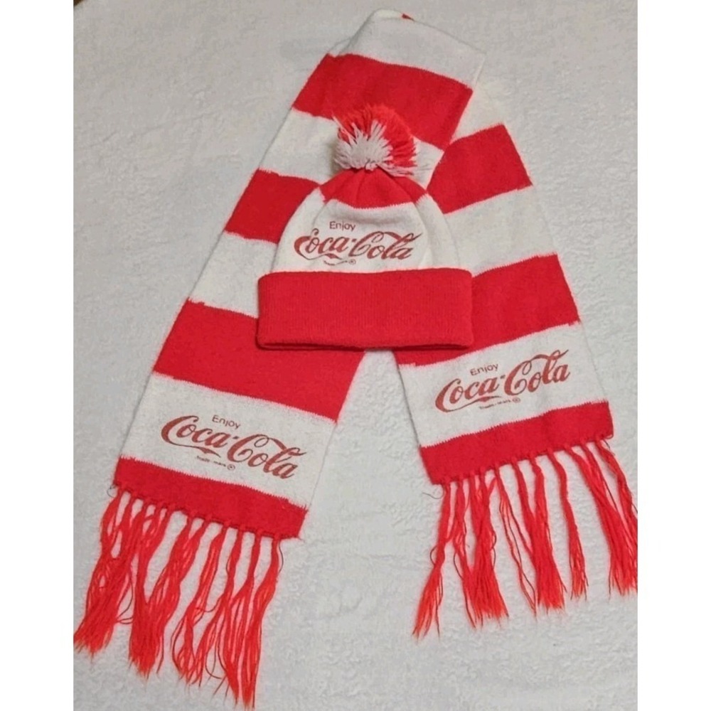 Vintage 1970s Coca Cola Scarf And Pom Pom Beanie Set Promotional Soda Usa Made